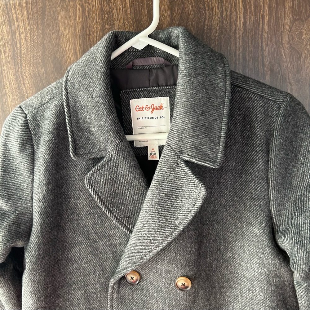 🆕 Cat & Jack Gray Tweed Faux Wool Double Breasted Lined Pea Coat Size M (8) - Picture 4 of 11